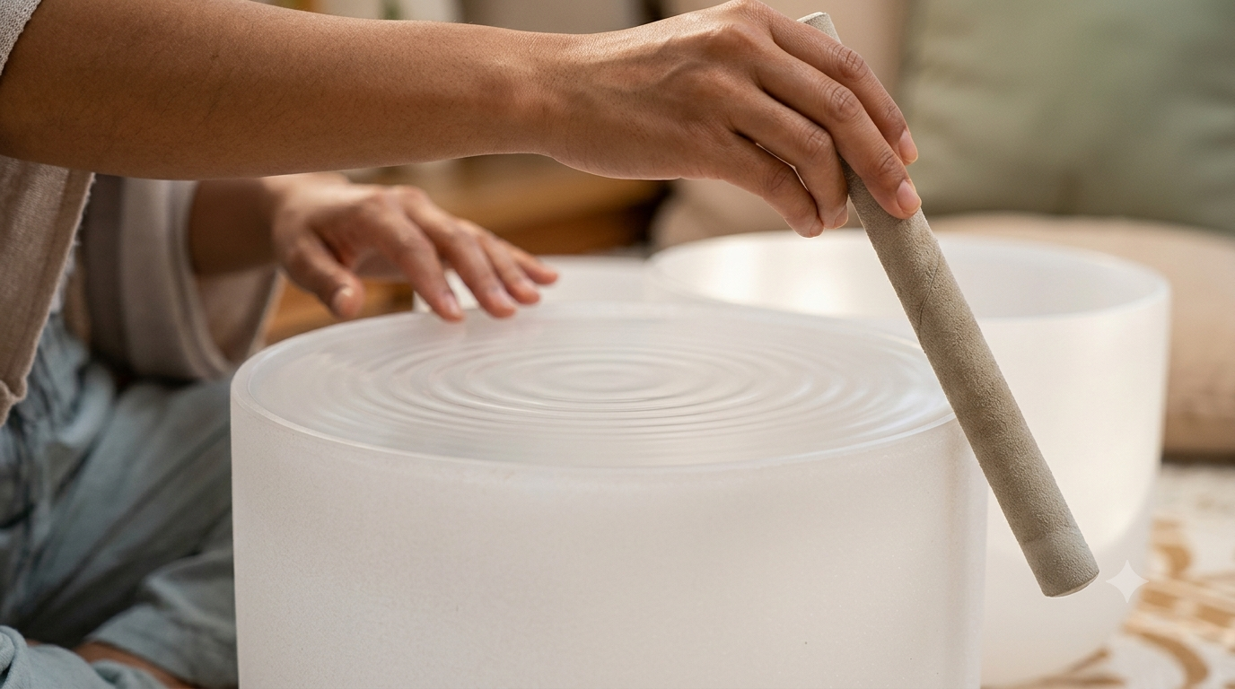 Close-up of hands playing quartz crystal singing bowls