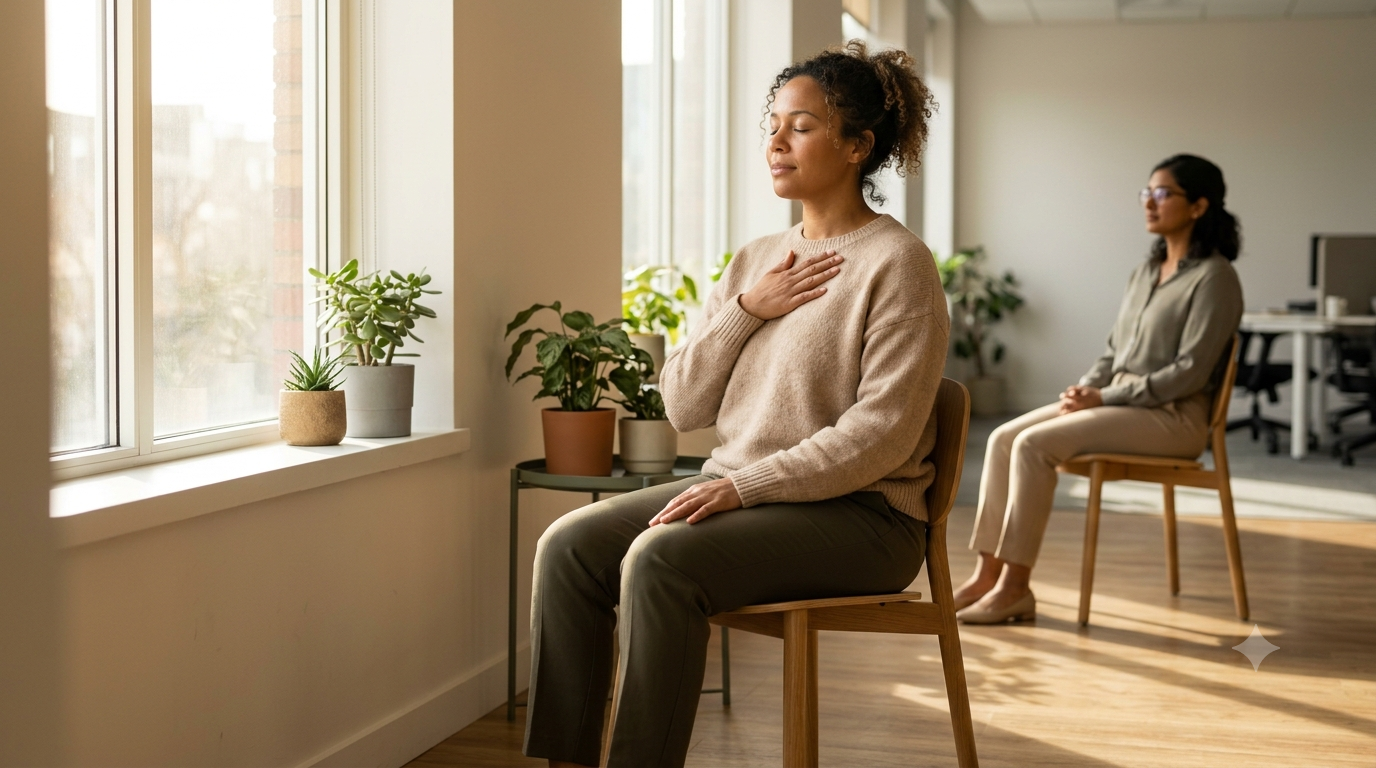 A professional taking a slow-breathing reset at an office window to recover from burnout