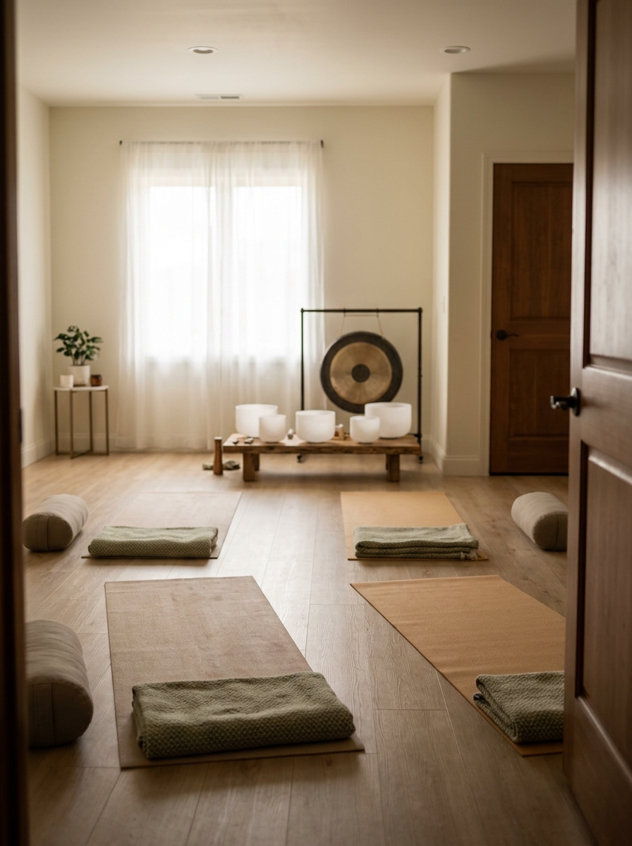 Wellness session room prepared with mats and crystal singing bowls in an addiction recovery and behavioral health treatment facility