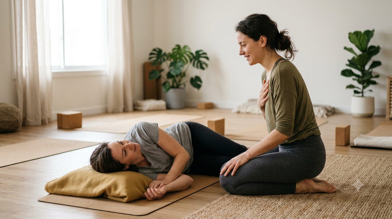 A trauma-informed practitioner kneels with a hand on her heart beside a resting client during a supported restorative session in a calm, light-filled studio.