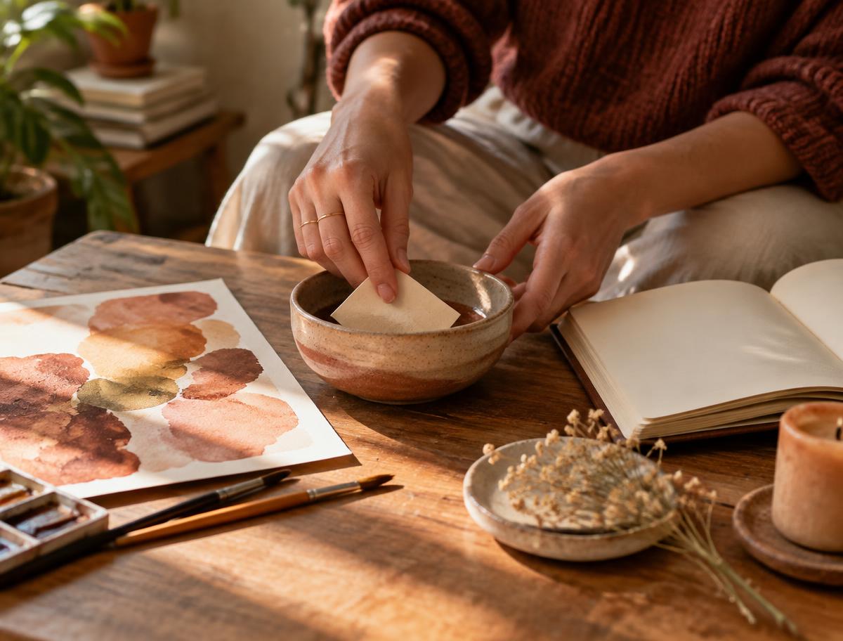 Hands placing a folded handwritten note into a ceramic bowl beside watercolor paintings during a creative release session