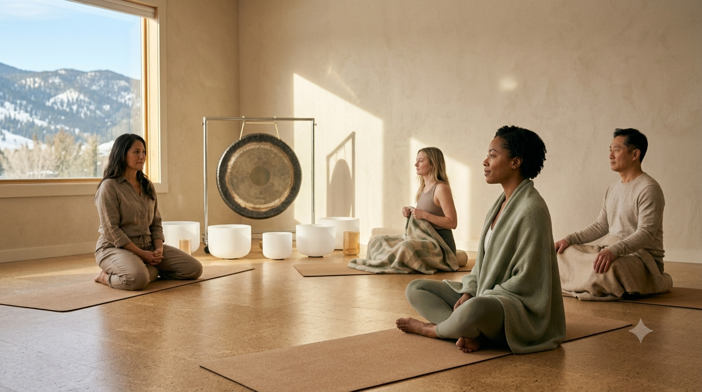 Relaxed participants sitting up after a sound bath, faces rested