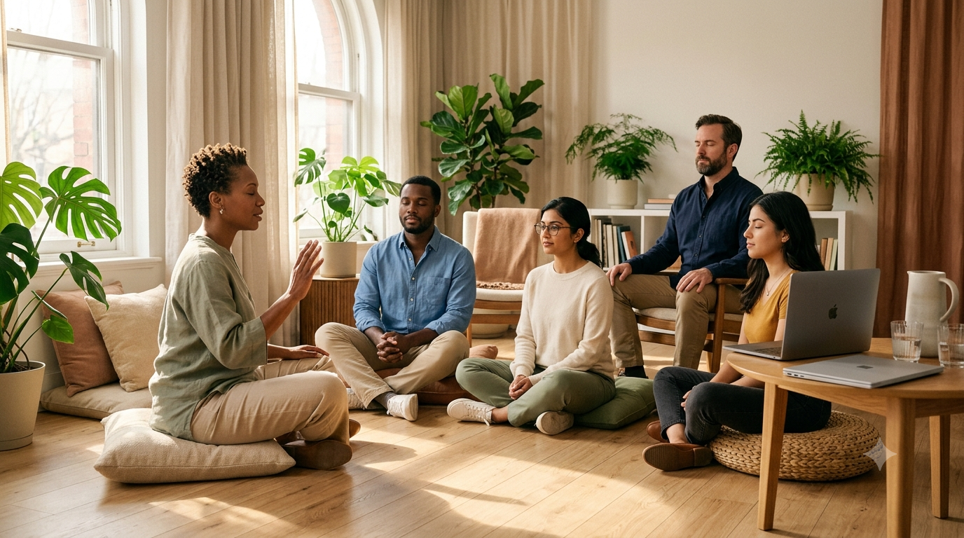 A facilitator leading a calm corporate wellness session with a small group of professionals in a bright office room