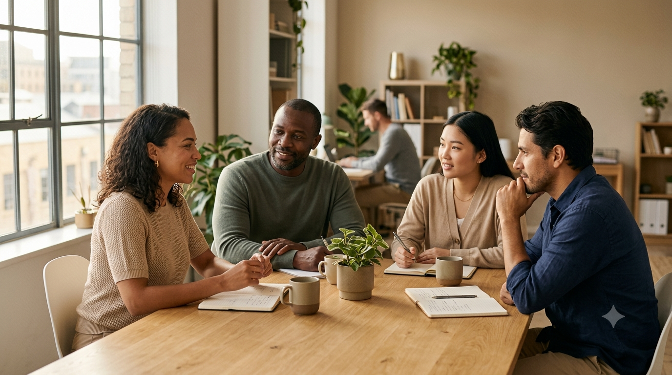 A calm, engaged team collaborating in a bright office, illustrating the payoff of an effective corporate wellness program