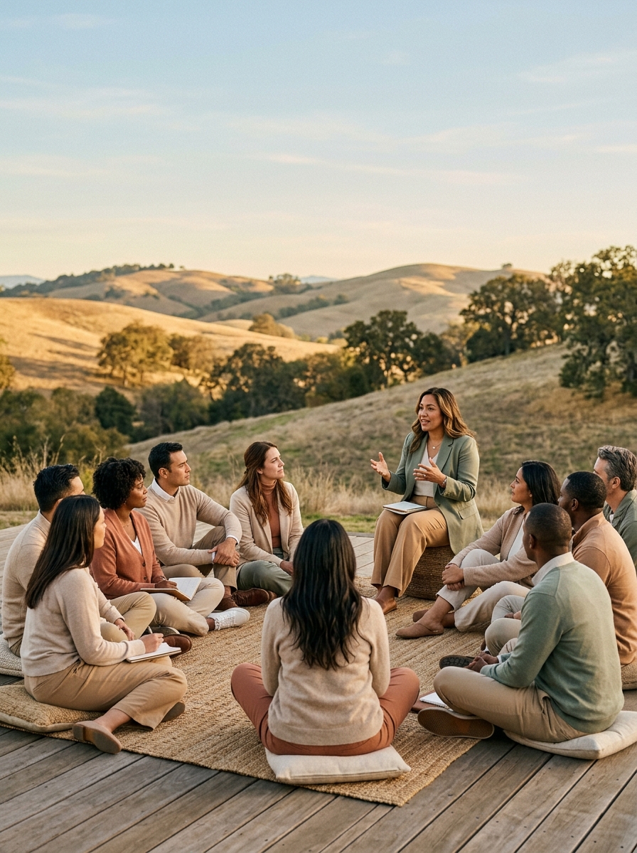 Team-building retreat with a wellness lecturer leading an outdoor workshop for organizations