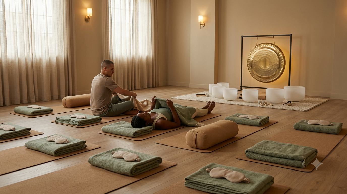 Sound bath room prepared with mats, blankets, gong, and crystal singing bowls