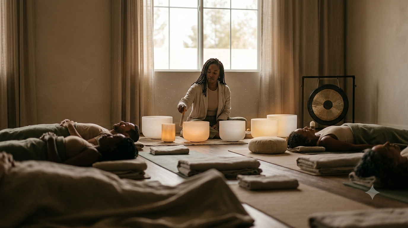 Sound healing practitioner playing quartz crystal singing bowls for a resting group