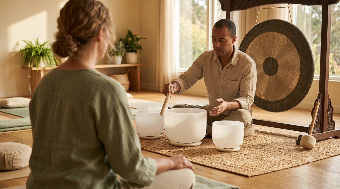 Evaluator listening closely as a sound healing practitioner demonstrates crystal singing bowl technique