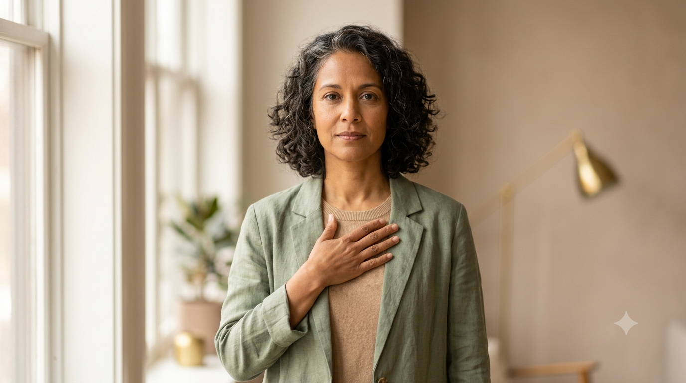 A calm professional resting a hand over her chest, showing the settled state of a regulated nervous system