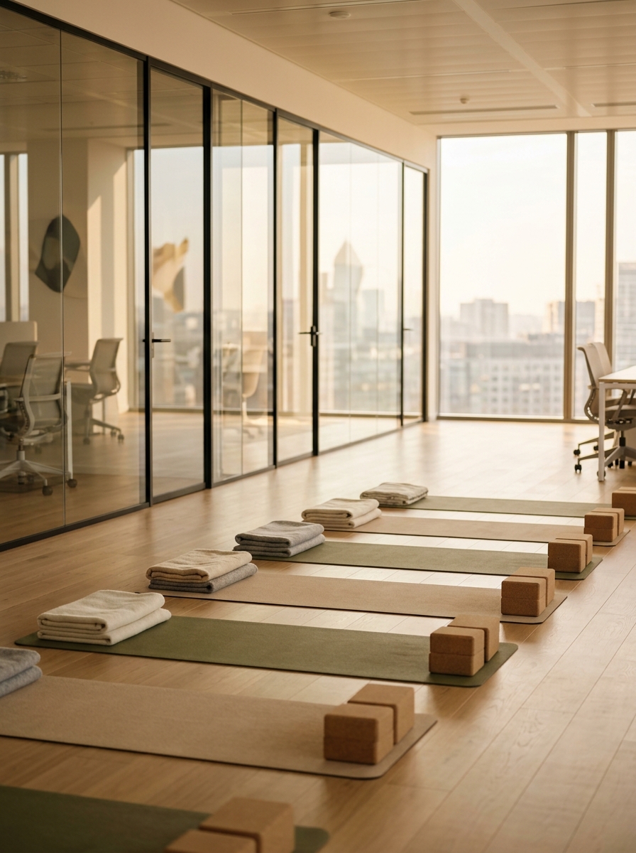 Sunlit corporate office studio with yoga mats, folded towels, and cork blocks arranged for an on-site team session, city skyline visible through floor-to-ceiling windows