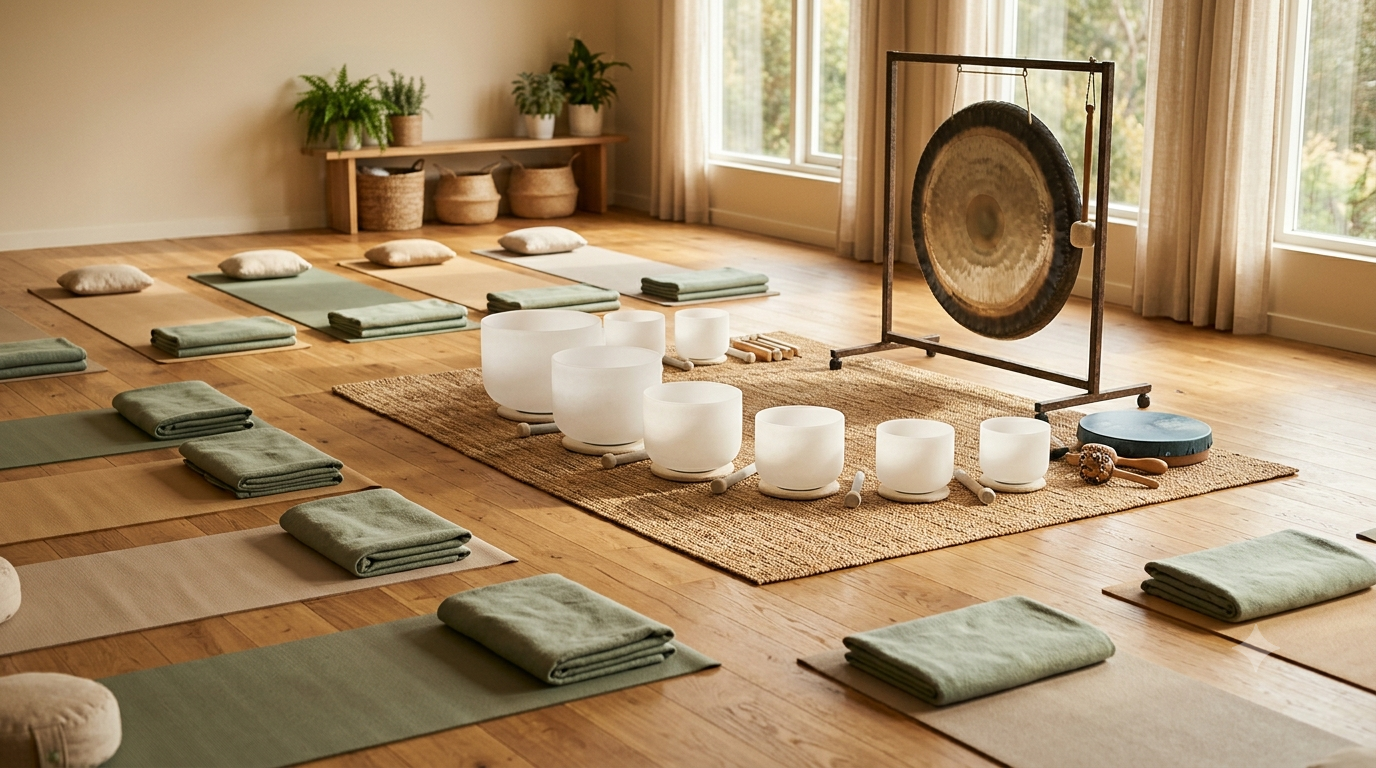 Complete sound healing therapy setup with crystal singing bowls, gong, ocean drum, and prepared mats in a sunlit session room